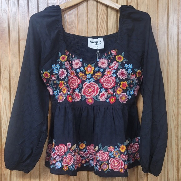Savanna Jane Tops - Savanna Jane Cottagecore Folk Black Floral Embroidered Boho Peasant Top Small